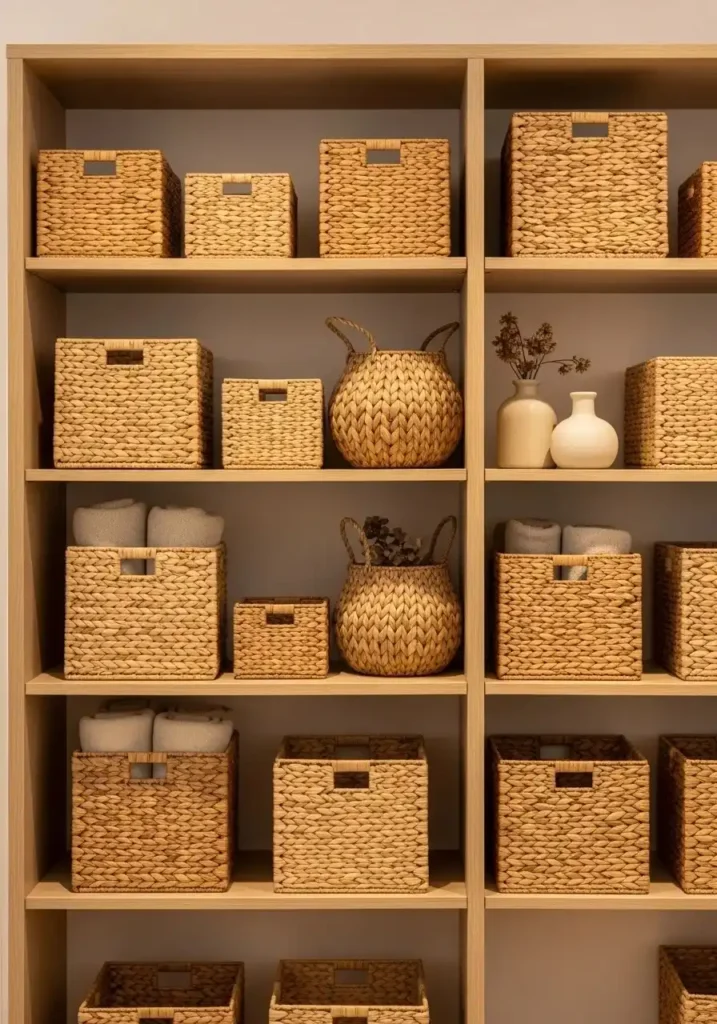 Woven baskets on closet shelves for hidden storage