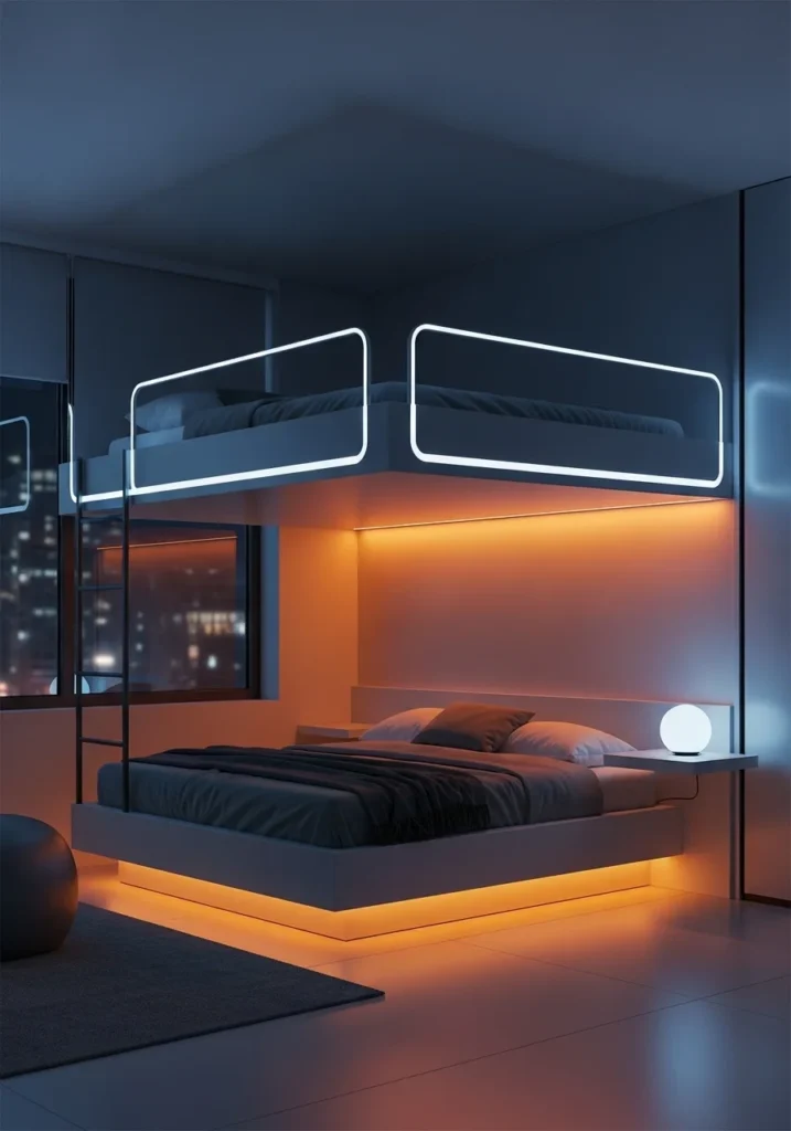 Loft bed with LED lighting creating a modern cozy bedroom vibe