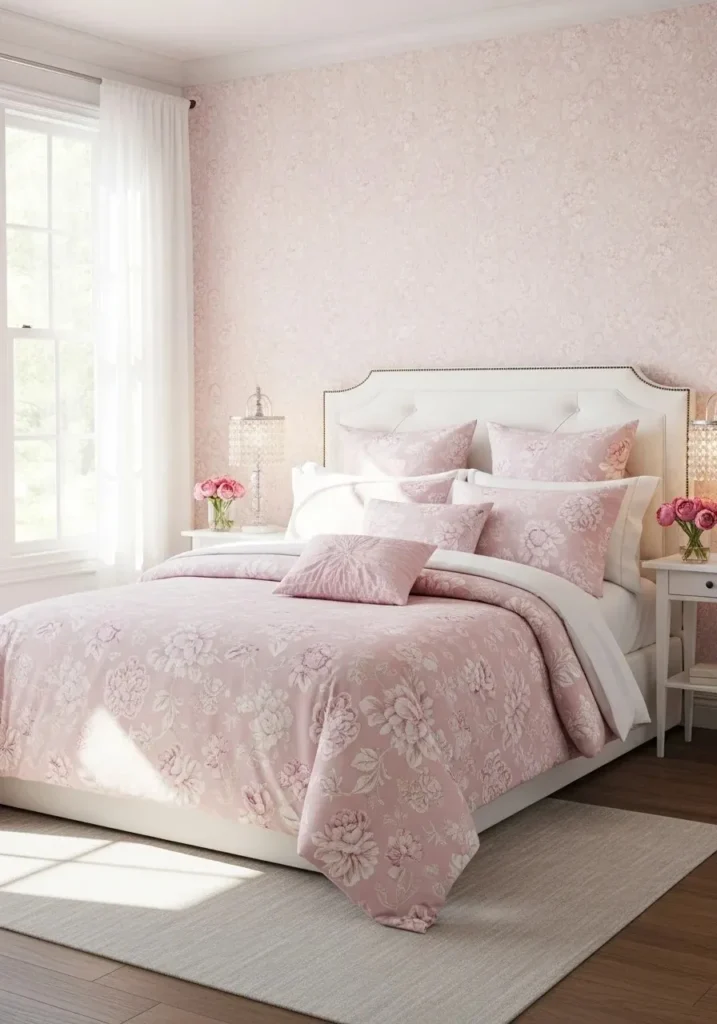 Floral pink bedroom decor adding a soft and romantic touch