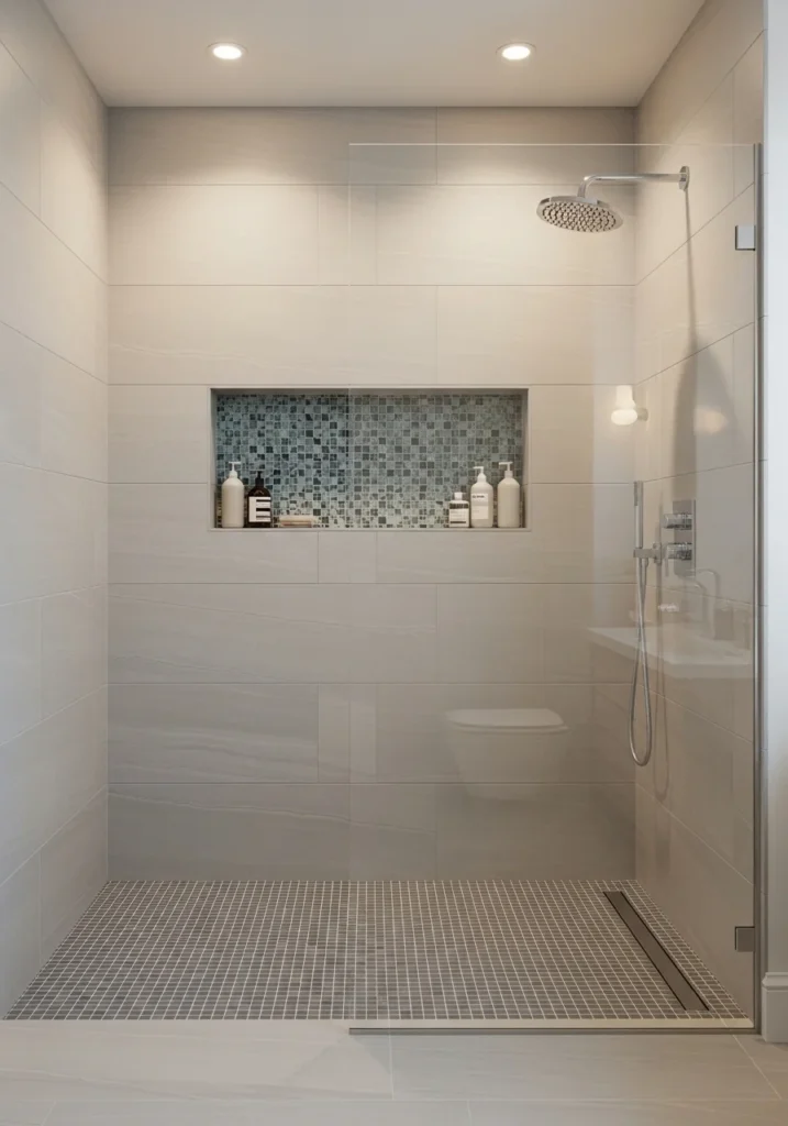 Recessed shower niche providing storage in a small walk-in shower bathroom