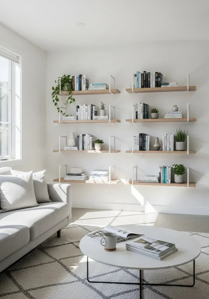 Floating minimalist shelves in a bright living room with books and plants, creating an open and airy feel.