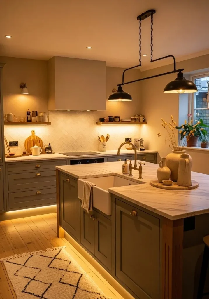 Green kitchen with beige and cream tones for warm look