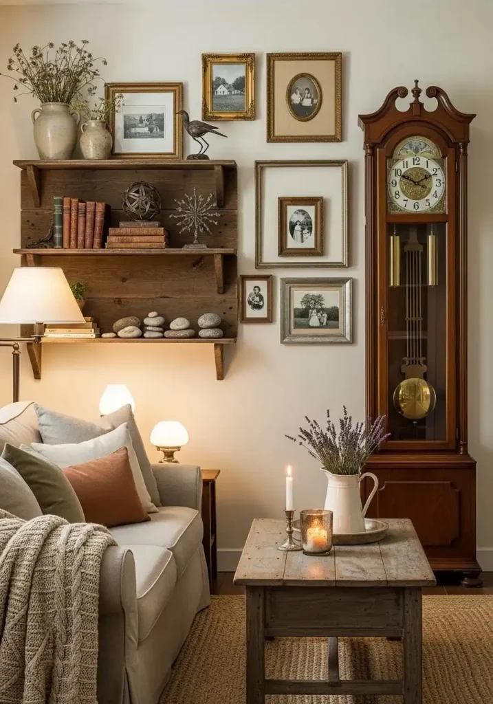 Vintage farmhouse living room decor with antique accents and rustic charm