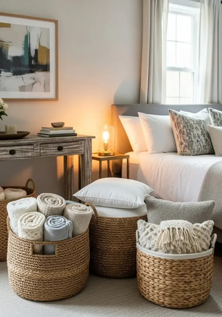 Woven baskets placed under a console table or beside the bed, holding blankets and extra pillows.