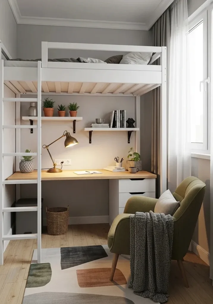 Loft bed with built-in desk creating a functional study corner