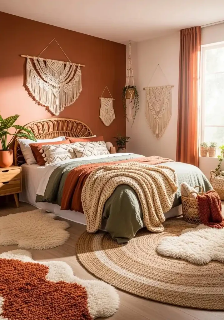 Earthy boho bedroom with warm tones and layered textures