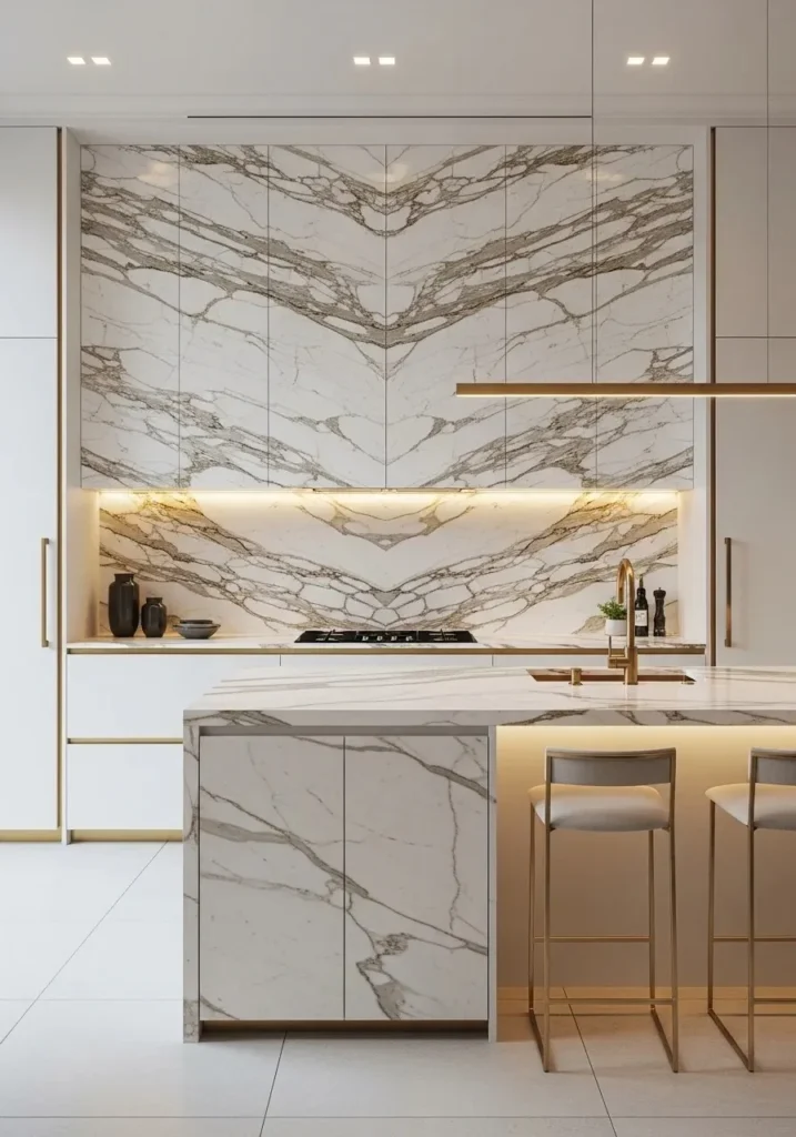 Marble slab backsplash creating a seamless luxury kitchen look