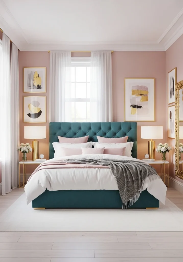 Blush pink bedroom with teal velvet headboard and gold lighting accents