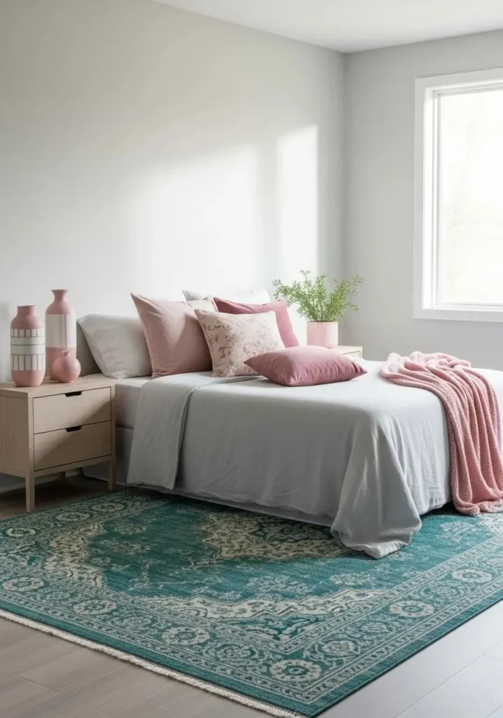 Bedroom with teal rug and soft pink decorative accents