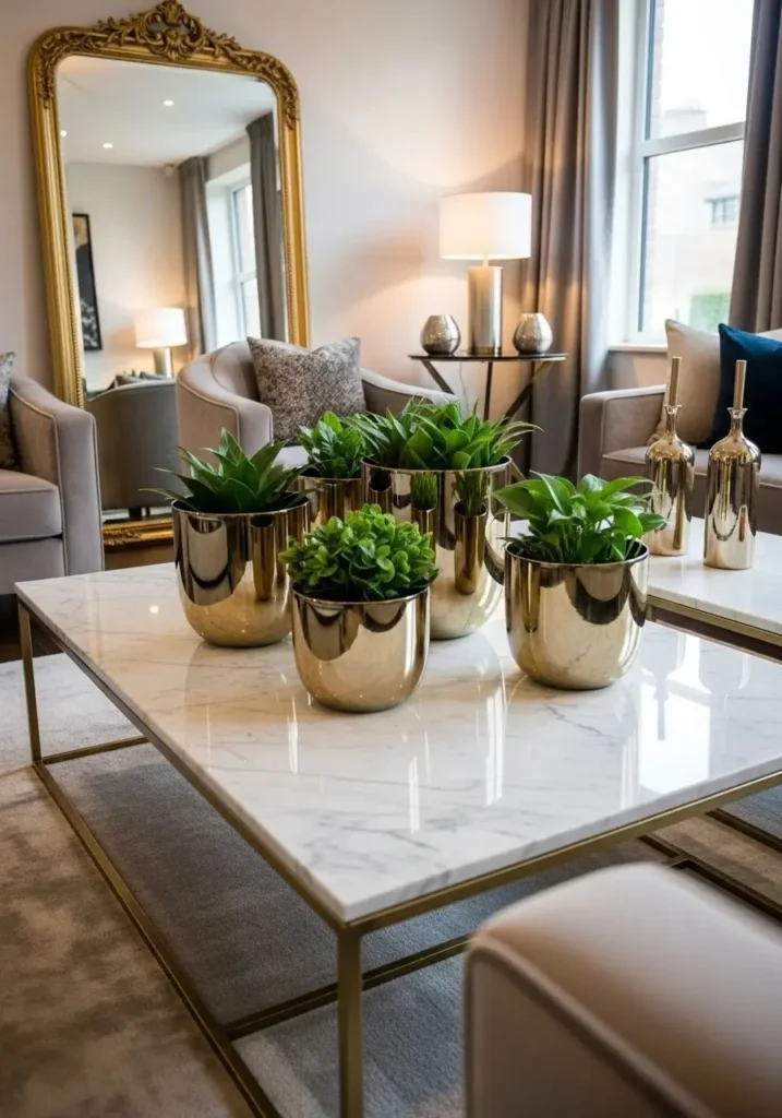 Metallic gold plant pots with greenery in a luxury modern setting