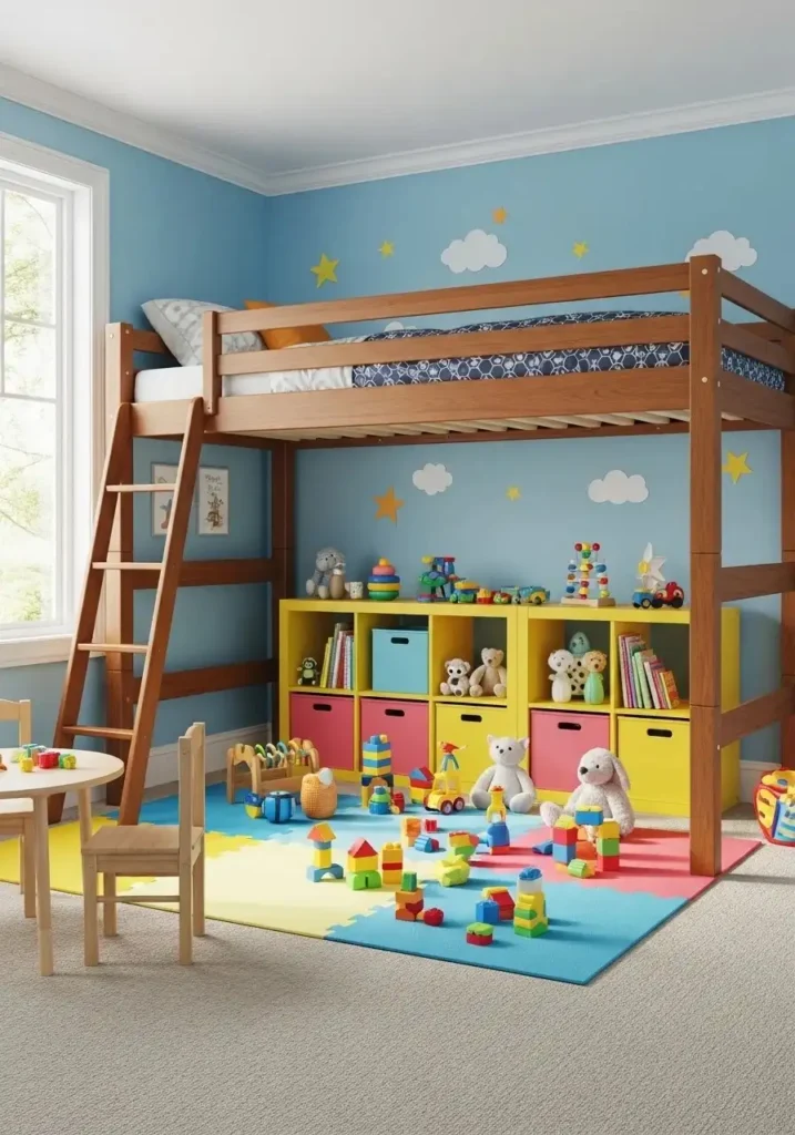 Kids loft bed with play area and organized toy storage
