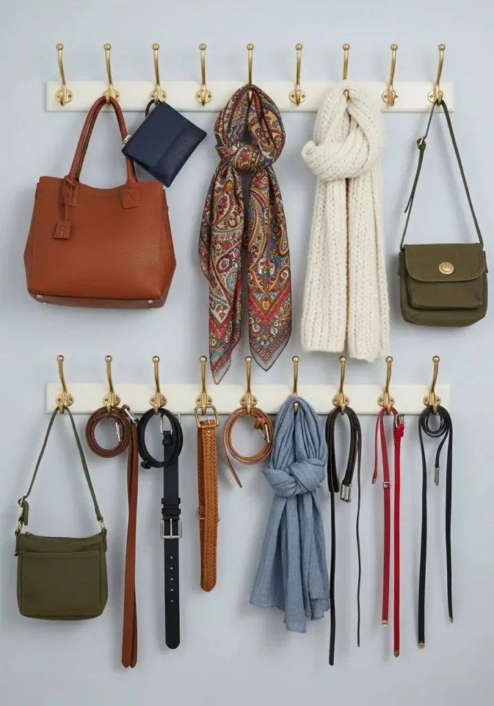 Wall hooks in closet for hanging accessories