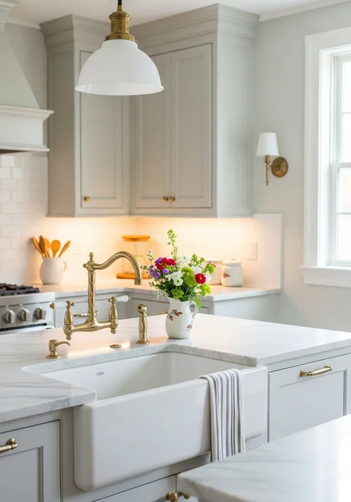 White farmhouse apron sink with shaker cabinets and brass faucet in cozy kitchen