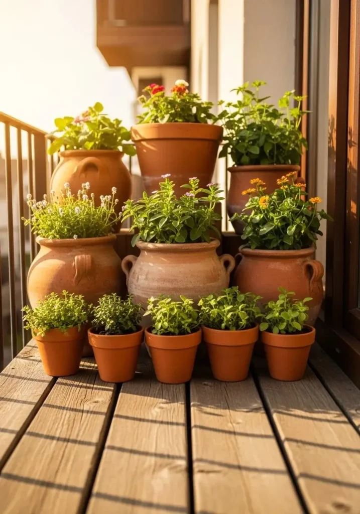 Rustic terracotta flower pots grouped together in a full natural view