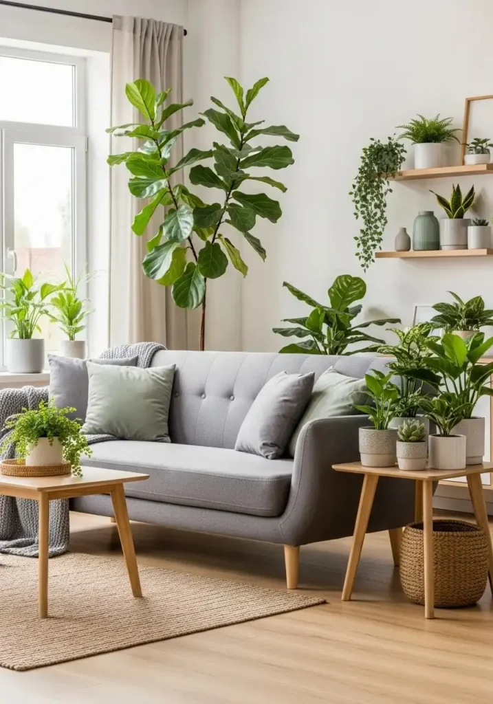 Grey couch with greenery adding freshness and natural contrast