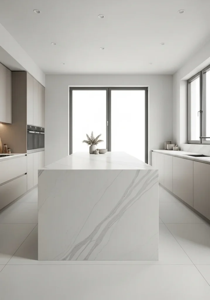 Quartz waterfall island with subtle veining in a modern kitchen