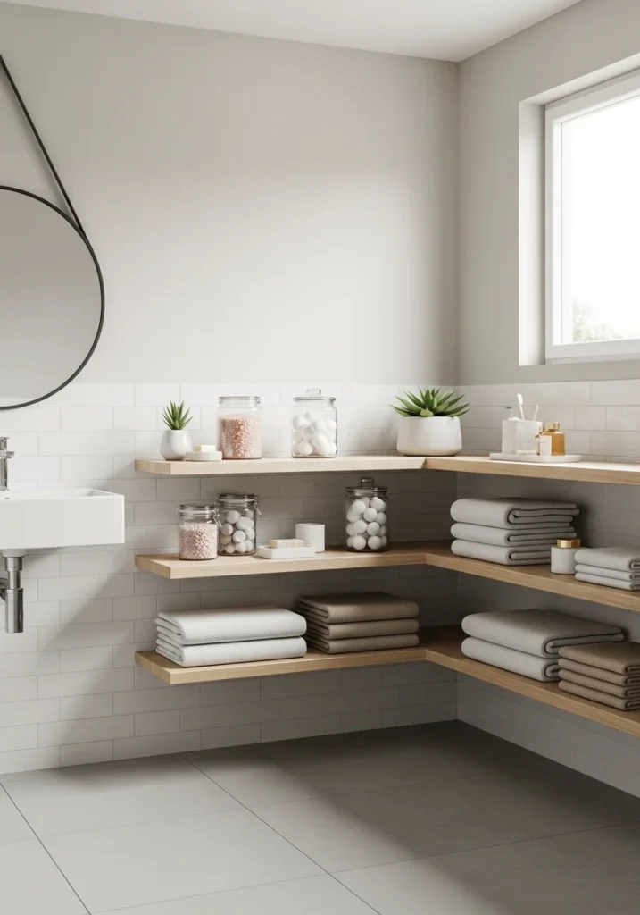 Bathroom open shelving combining storage and stylish decor for a clean organized look