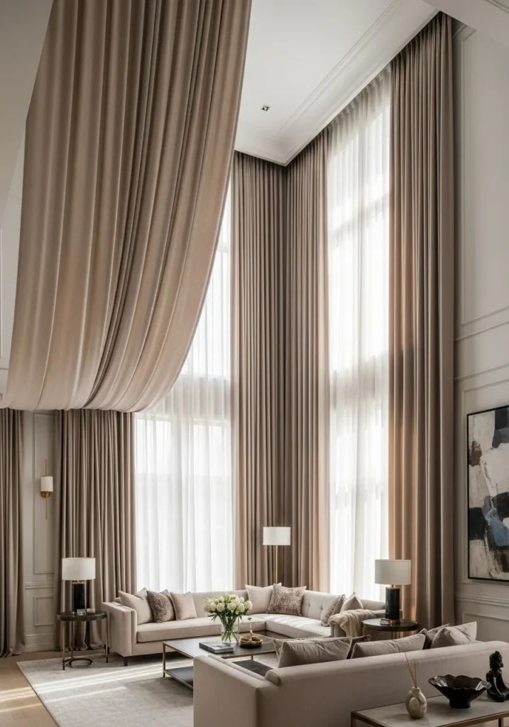 Elegant living room with floor-to-ceiling curtains enhancing height and luxury feel.