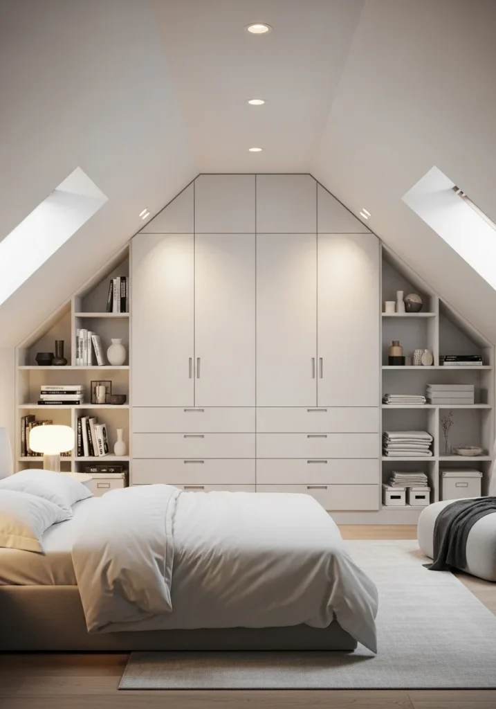 Attic bedroom with built-in storage cabinets along sloped walls for a clean look