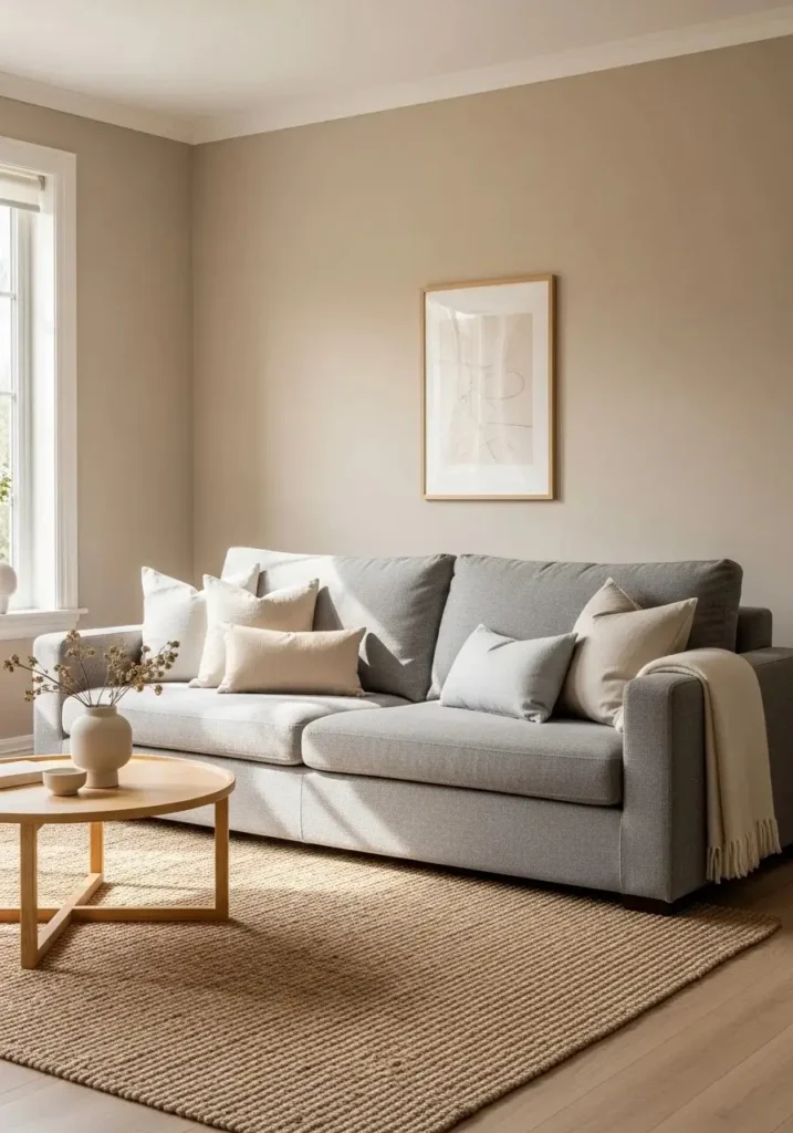 Grey couch balanced with soft neutral background for a timeless look