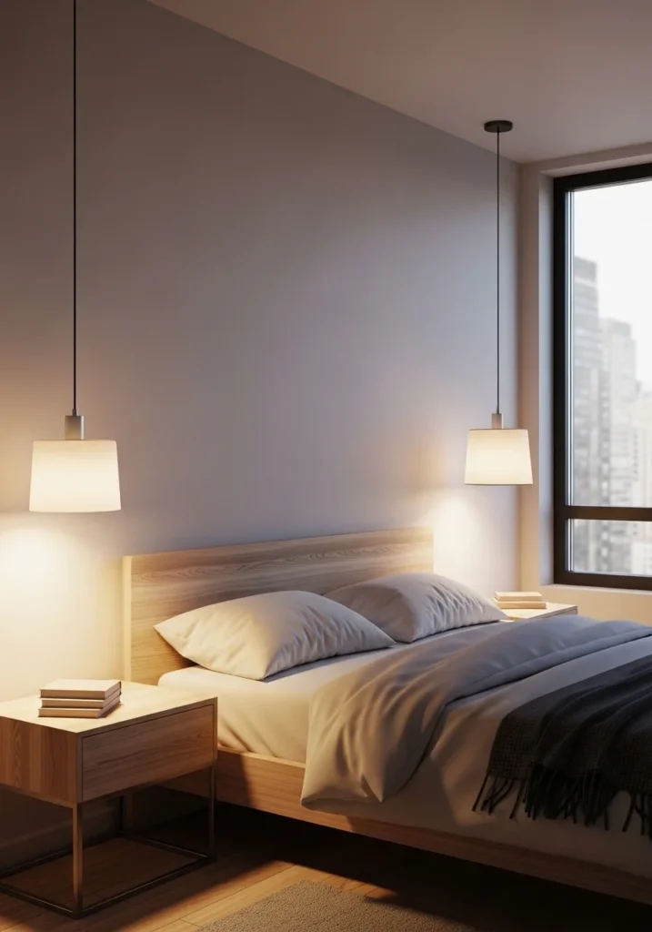 Hanging pendant lamps in bedroom with modern aesthetic