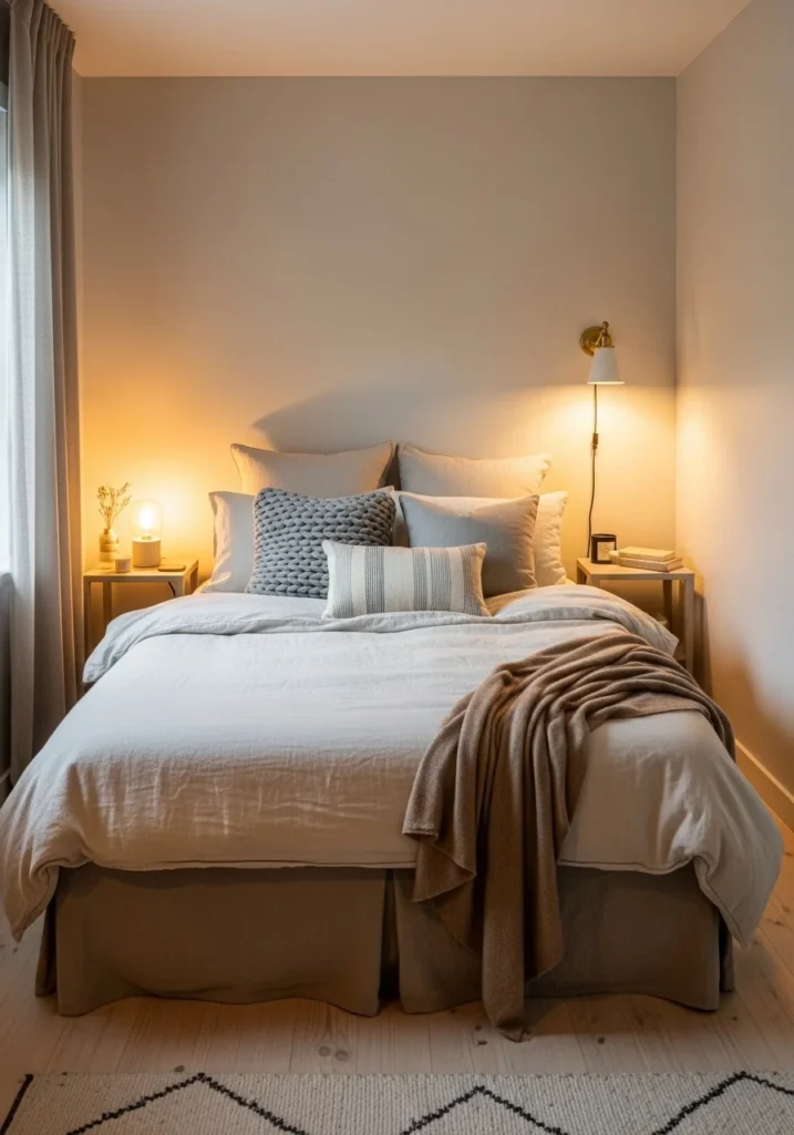 Cozy bedding in small bedroom with soft neutral tones