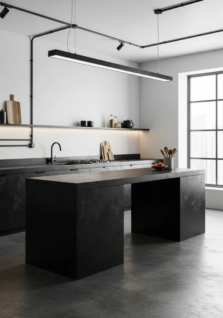 black concrete countertops industrial white wall kitchen design
