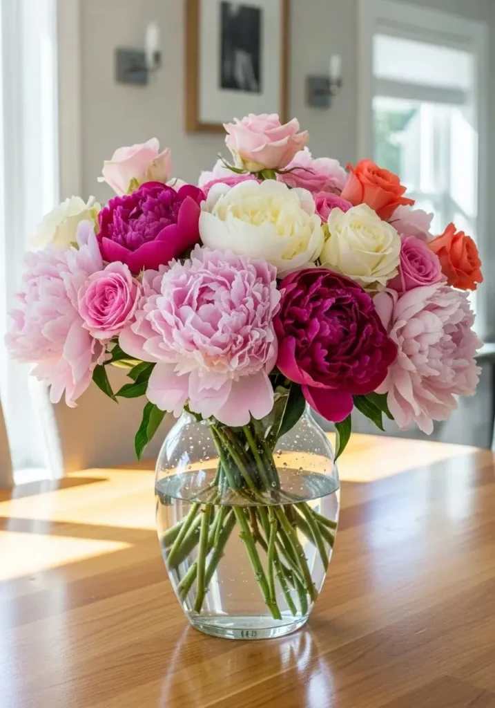 Fresh flower centerpiece in simple glass vase for elegant table decor