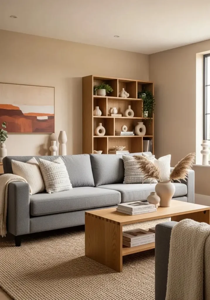 Grey couch paired with warm wood furniture for a balanced cozy look