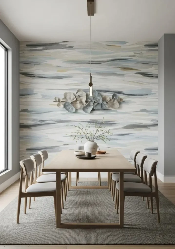 Abstract wallpaper turning dining wall into artistic focal point