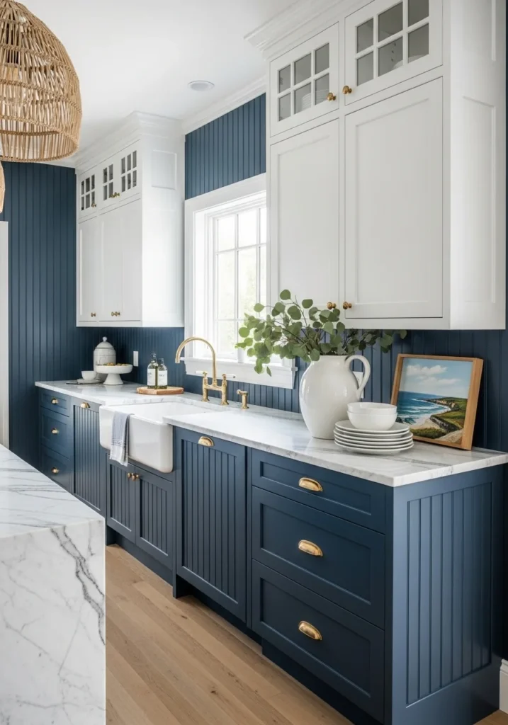 Navy beadboard backsplash adding bold contrast to kitchen design