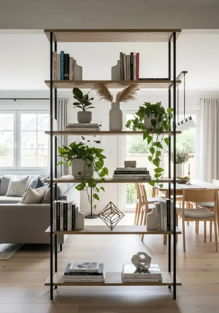 Bookshelf used as partition in living dining combo layout