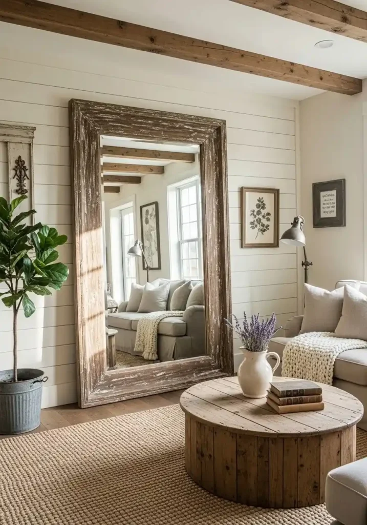 Antique mirror in farmhouse living room reflecting warm natural light