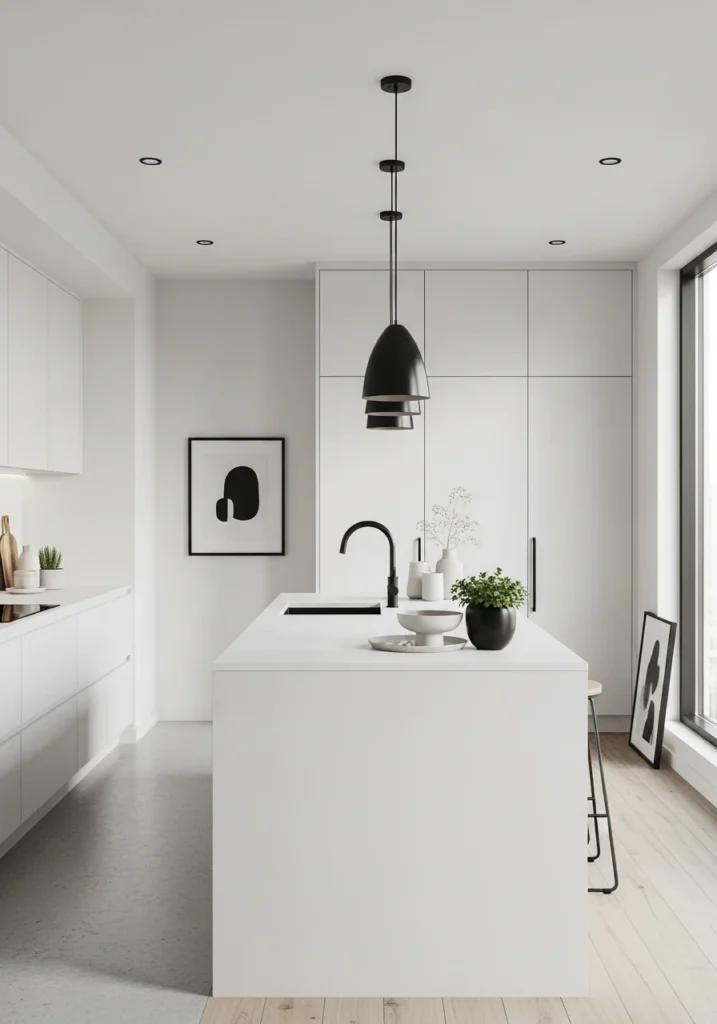 minimal white countertops with black accents kitchen idea