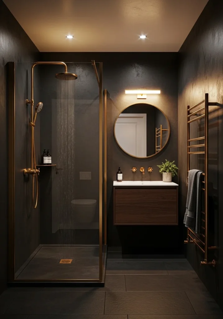 Dark color small bathroom with walk-in shower creating a dramatic and cozy feel