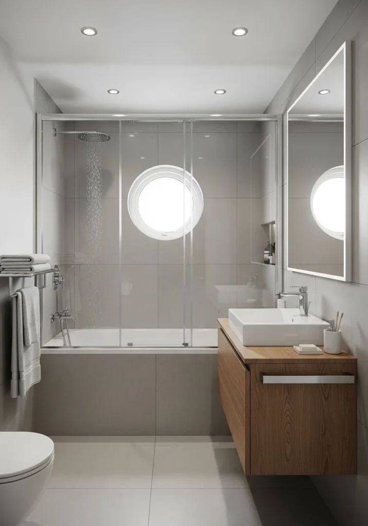 Sliding glass door saving space in small bathroom with tub