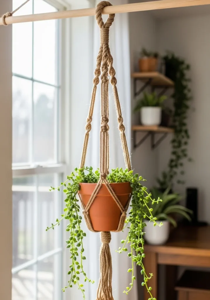 DIY rope hanging planter budget indoor plant idea