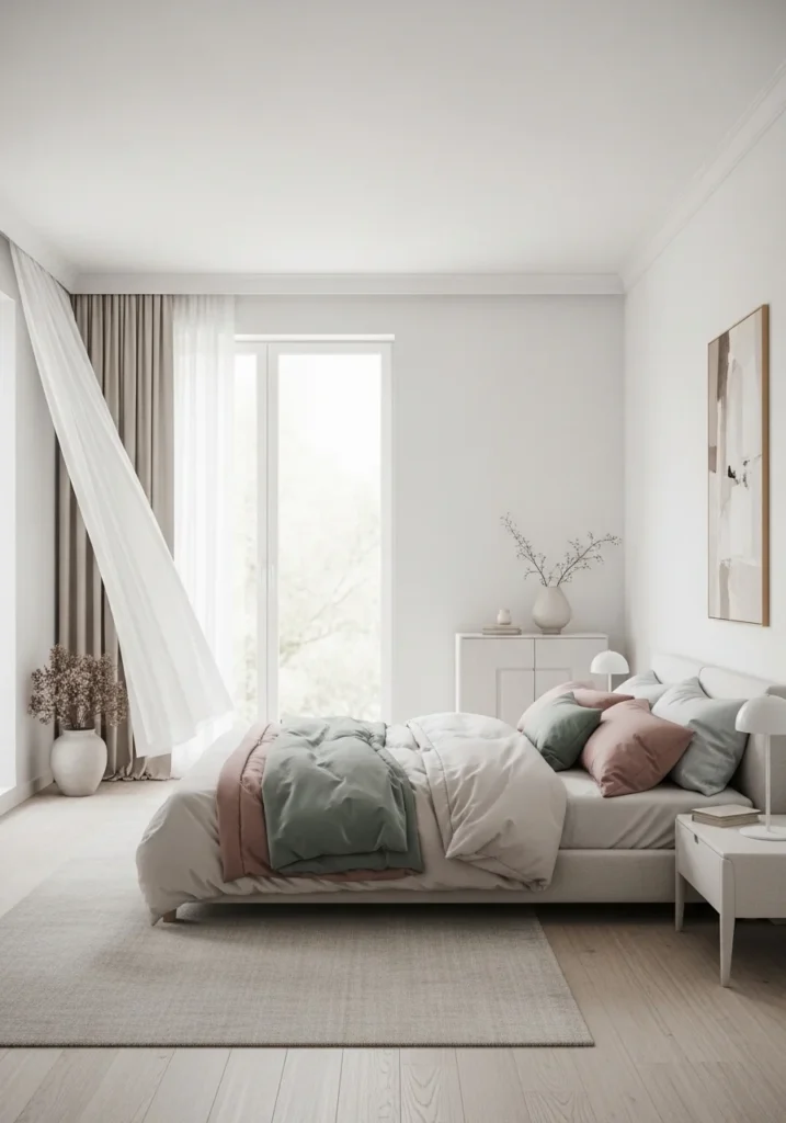 Bright small bedroom with light color palette creating spacious feel