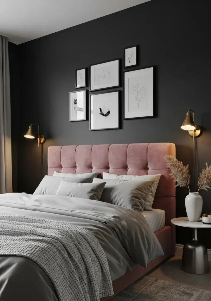 Pink velvet headboard with black decor accents in a stylish bedroom