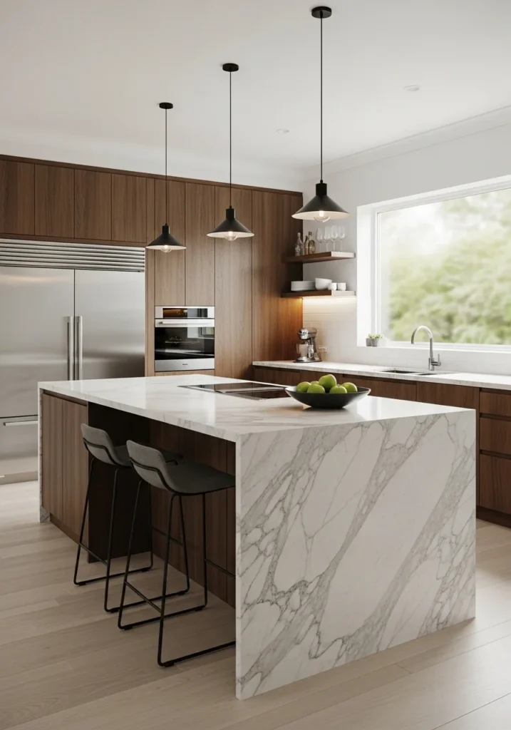 Wood and stone fusion waterfall island in elegant kitchen design