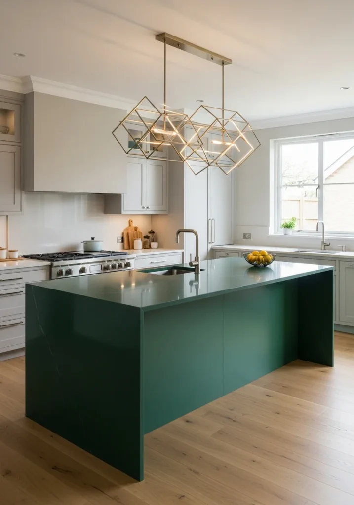 Bold colored waterfall island creating a striking kitchen focal point