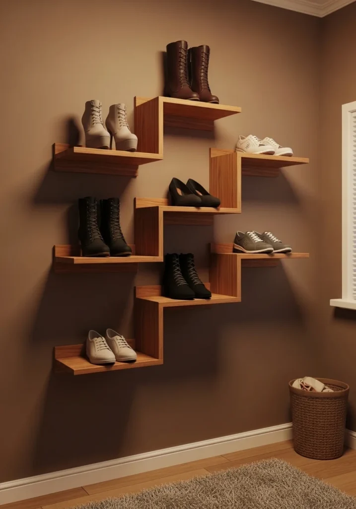 Floating wall mounted shoe shelves displaying shoes in a stylish small space setup