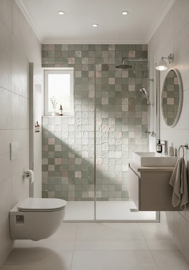 Zellige tile feature wall adding texture and beauty to a small bathroom walk-in shower