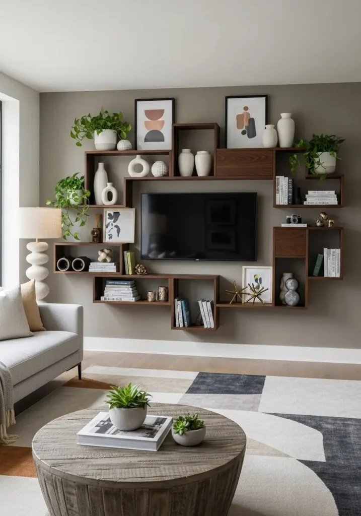 Asymmetrical shelves around TV adding modern and creative touch