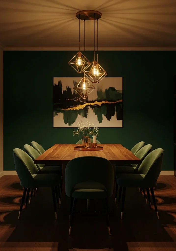 Elegant dining room with deep emerald green accent wall and gold lighting creating a dramatic look
