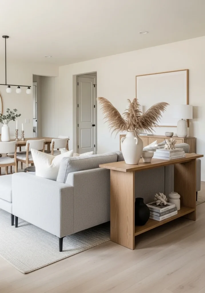 Sofa used as divider between living room and dining room