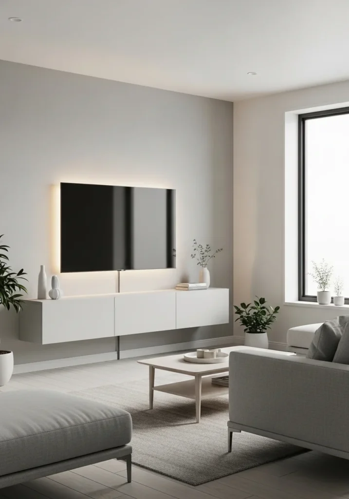 Minimalist floating TV unit with clean white cabinets and soft LED lighting in modern living room