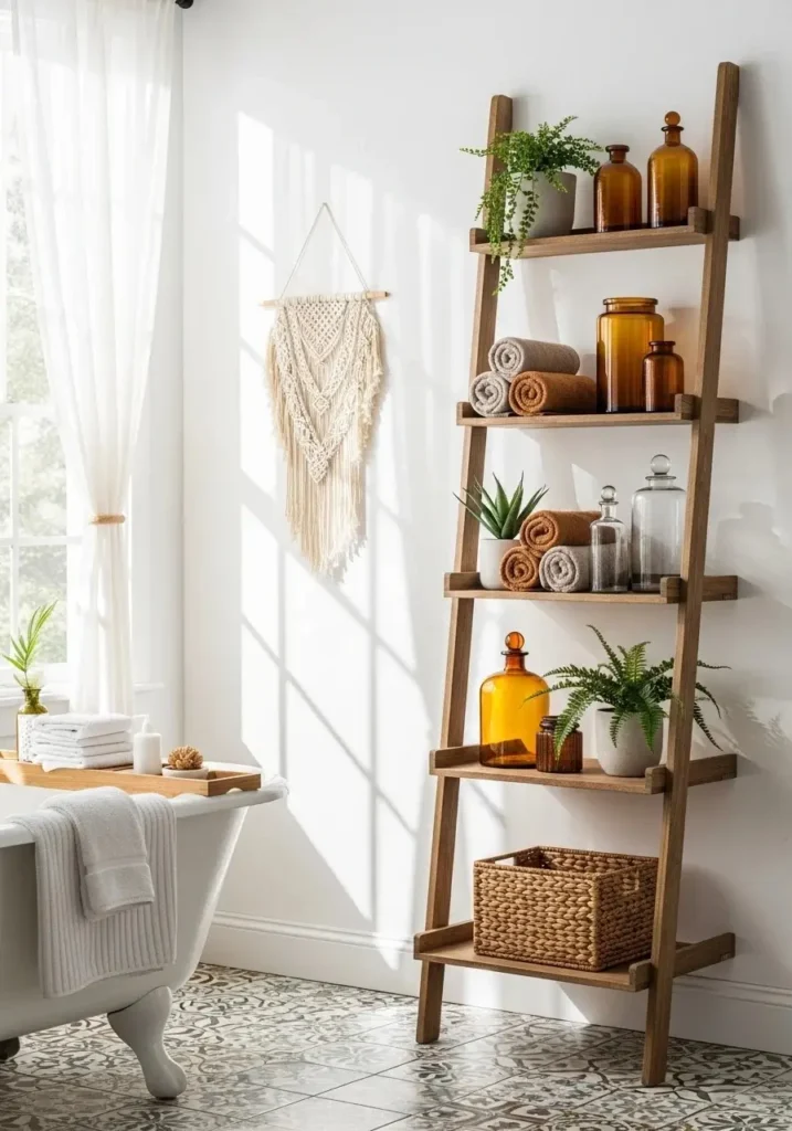 Ladder shelf used for towels and decor in a small bathroom.