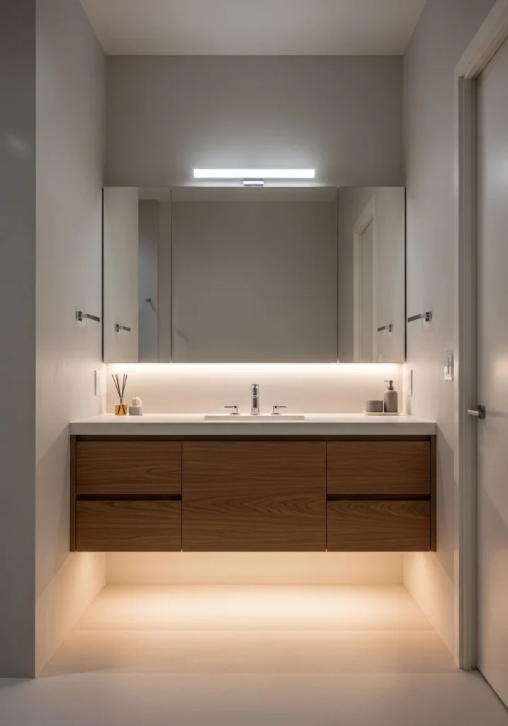 Modern bathroom with floating vanity and soft lighting creating a spacious and stylish look