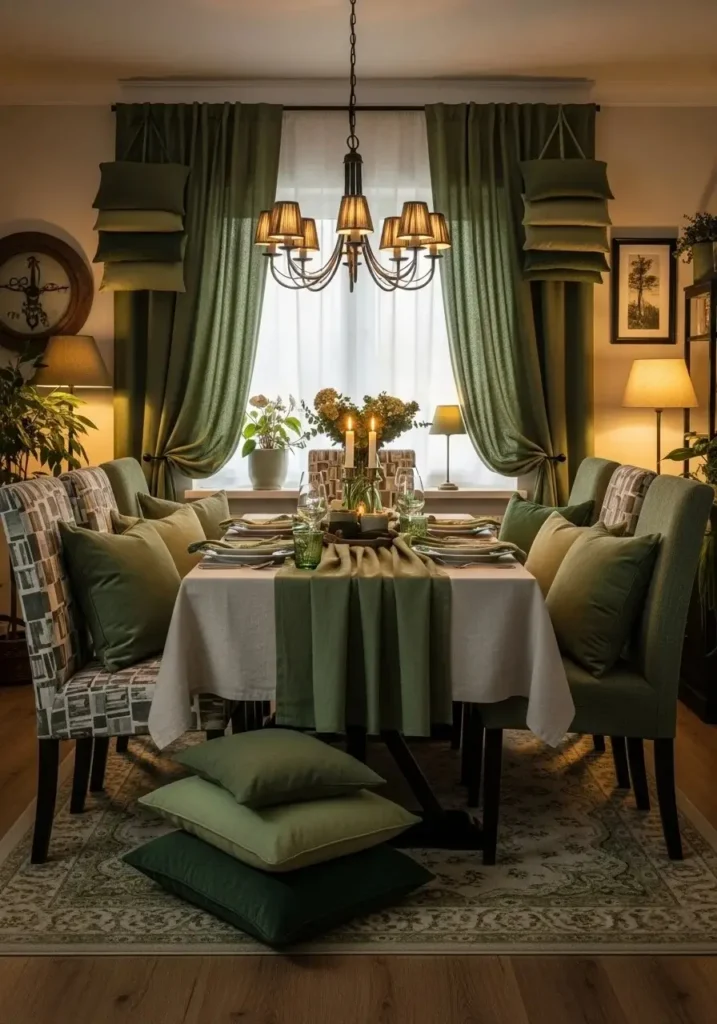 Layered green textiles creating cozy and warm dining room ambiance